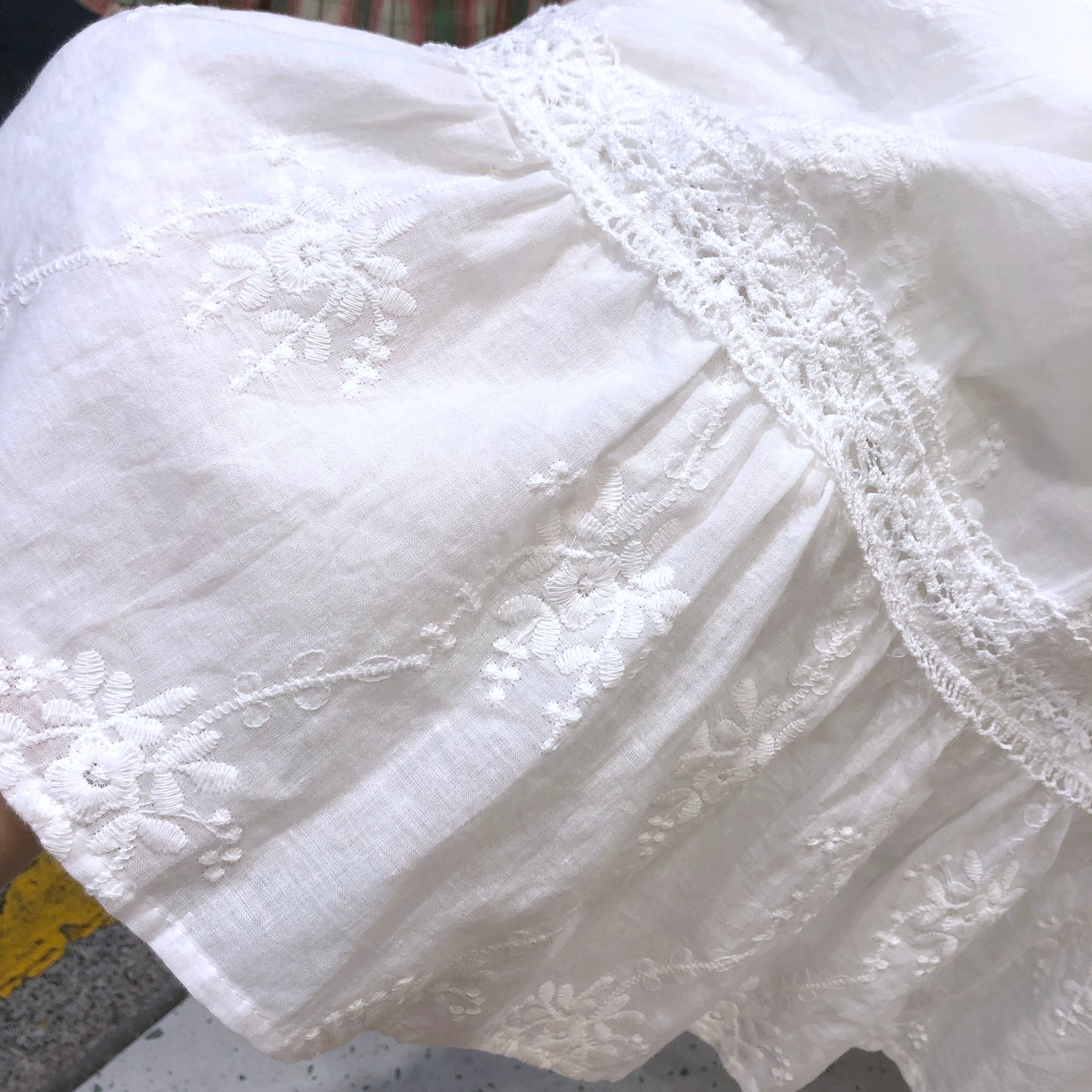 White Embroidered Lace Maxi Skirt with Tiered Design, Floral Embroidery, Elastic Drawstring Waist, Cottagecore Boho Long Skirt for Women