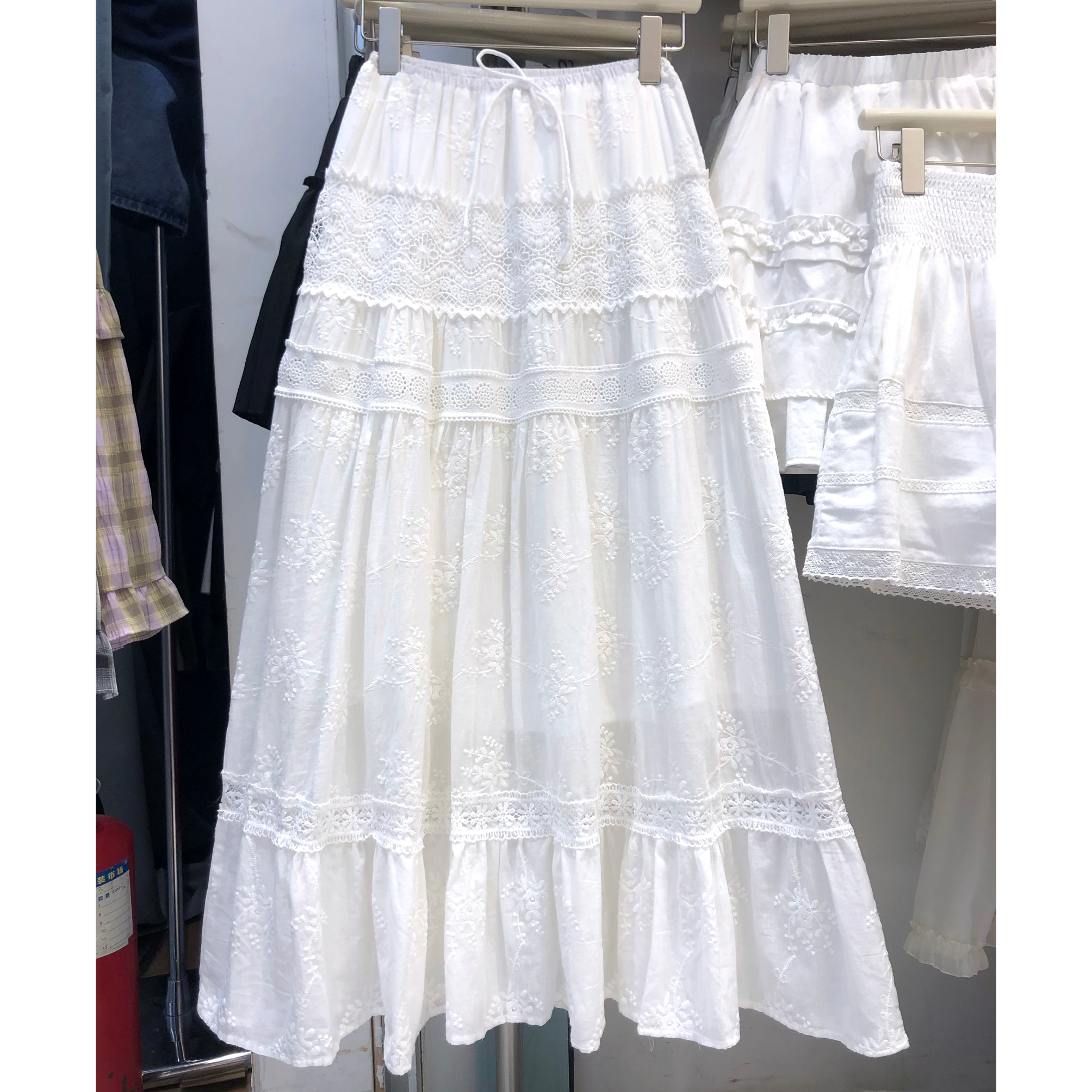 White Embroidered Lace Maxi Skirt with Tiered Design, Floral Embroidery, Elastic Drawstring Waist, Cottagecore Boho Long Skirt for Women
