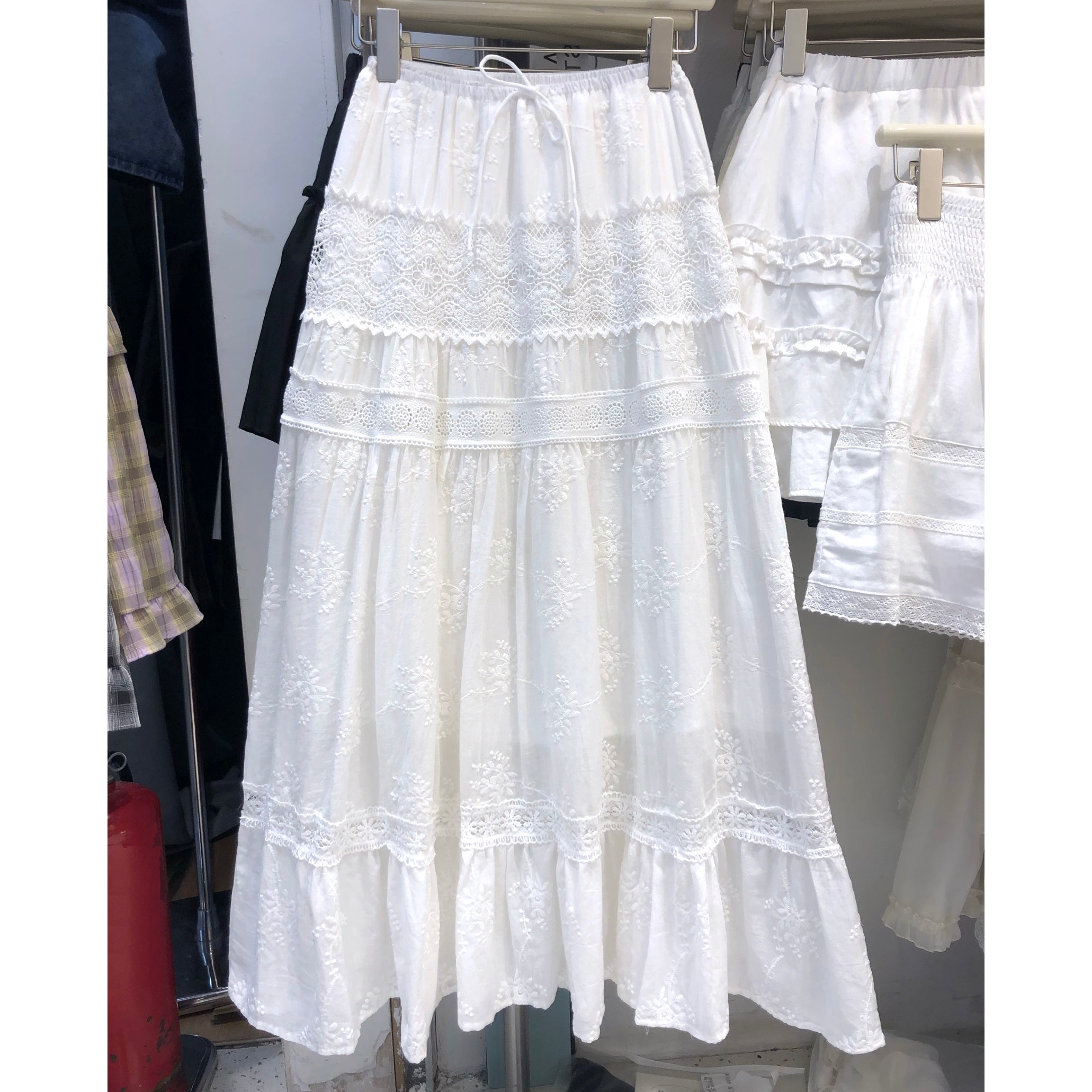 White Embroidered Lace Maxi Skirt with Tiered Design, Floral Embroidery, Elastic Drawstring Waist, Cottagecore Boho Long Skirt for Women