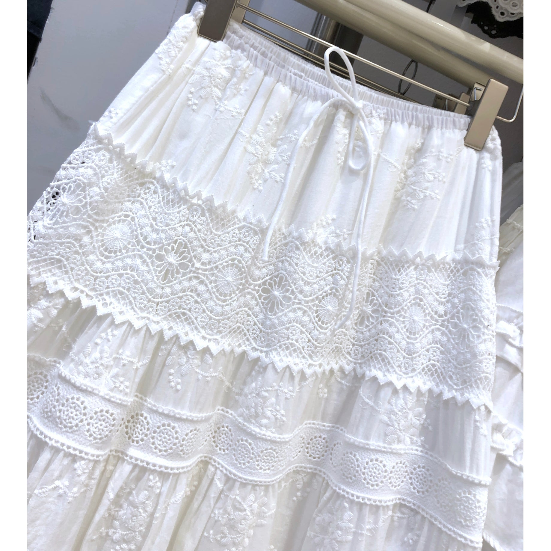 White Embroidered Lace Maxi Skirt with Tiered Design, Floral Embroidery, Elastic Drawstring Waist, Cottagecore Boho Long Skirt for Women