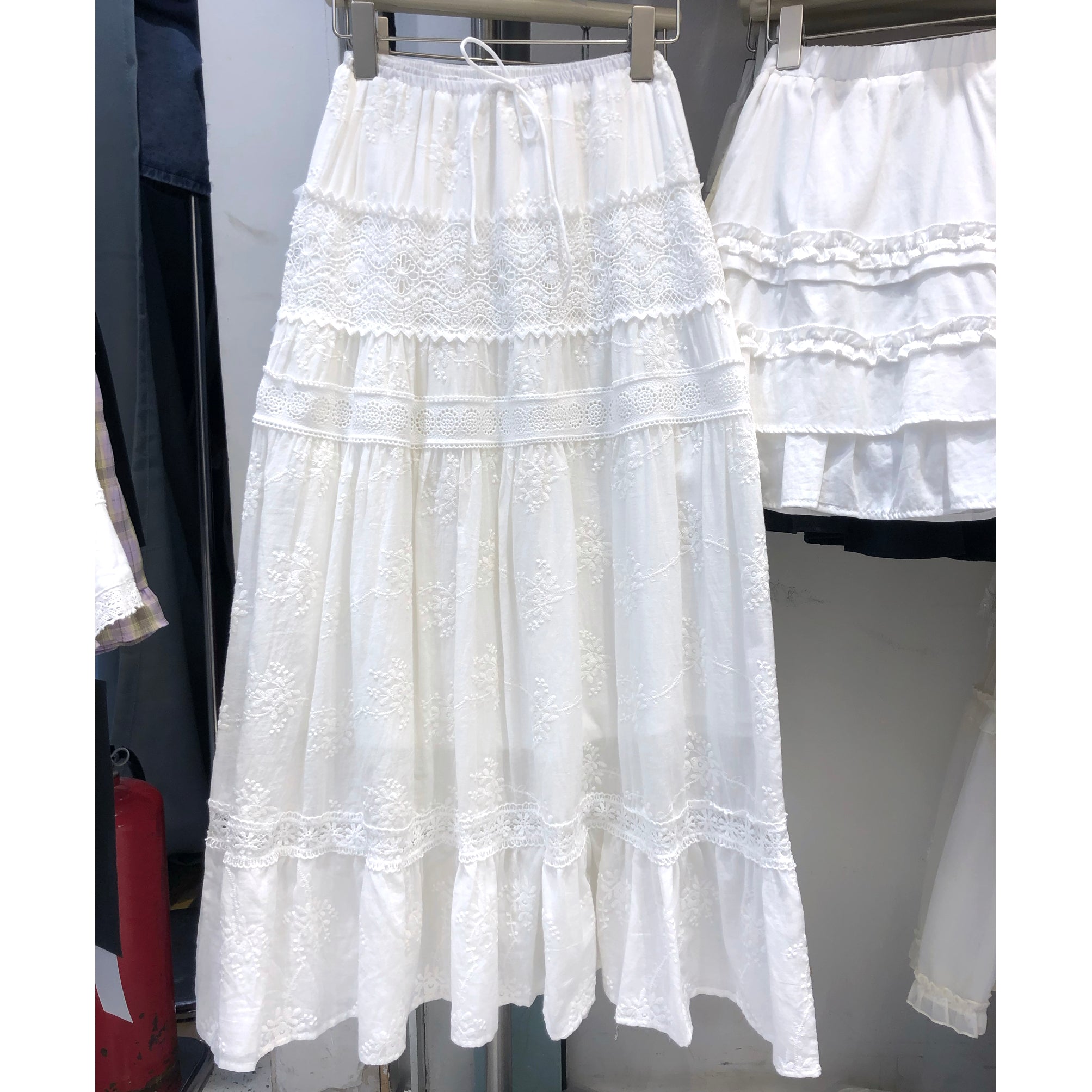 White Embroidered Lace Maxi Skirt with Tiered Design, Floral Embroidery, Elastic Drawstring Waist, Cottagecore Boho Long Skirt for Women