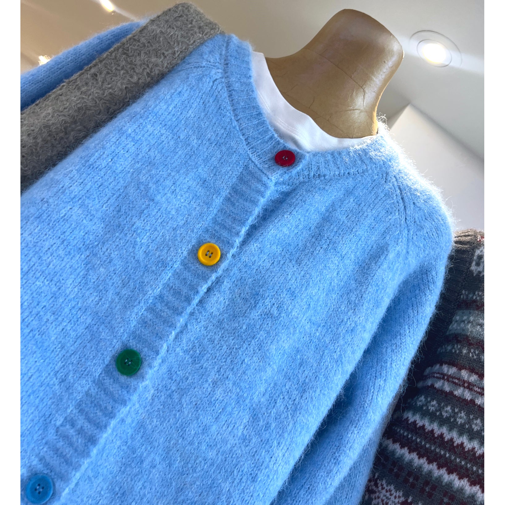 Sky Blue Fuzzy Knit Cardigan Sweater  Oversized Soft Cotton Rainbow Button Cardigan