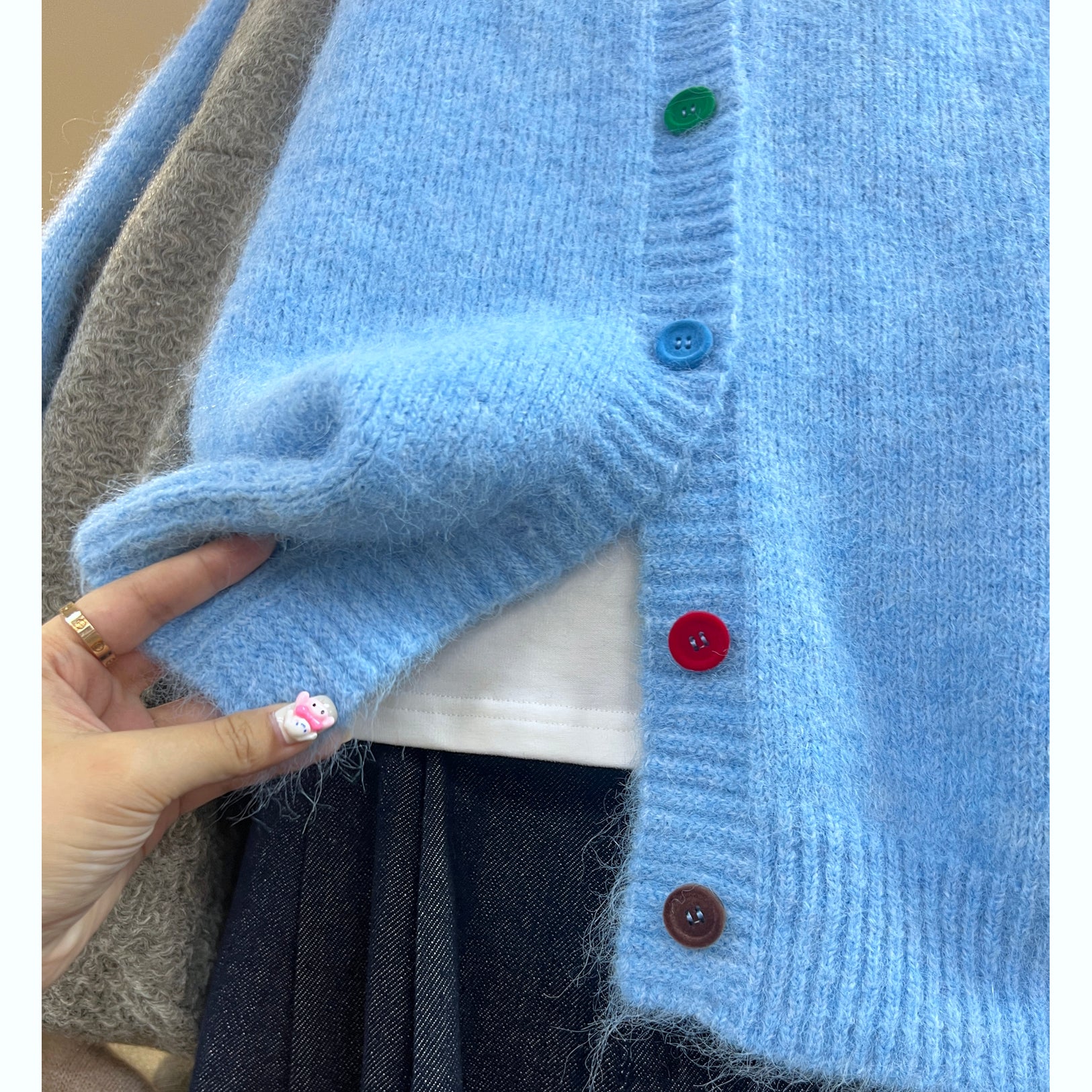 Sky Blue Fuzzy Knit Cardigan Sweater  Oversized Soft Cotton Rainbow Button Cardigan
