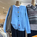 Sky Blue Fuzzy Knit Cardigan Sweater  Oversized Soft Cotton Rainbow Button Cardigan