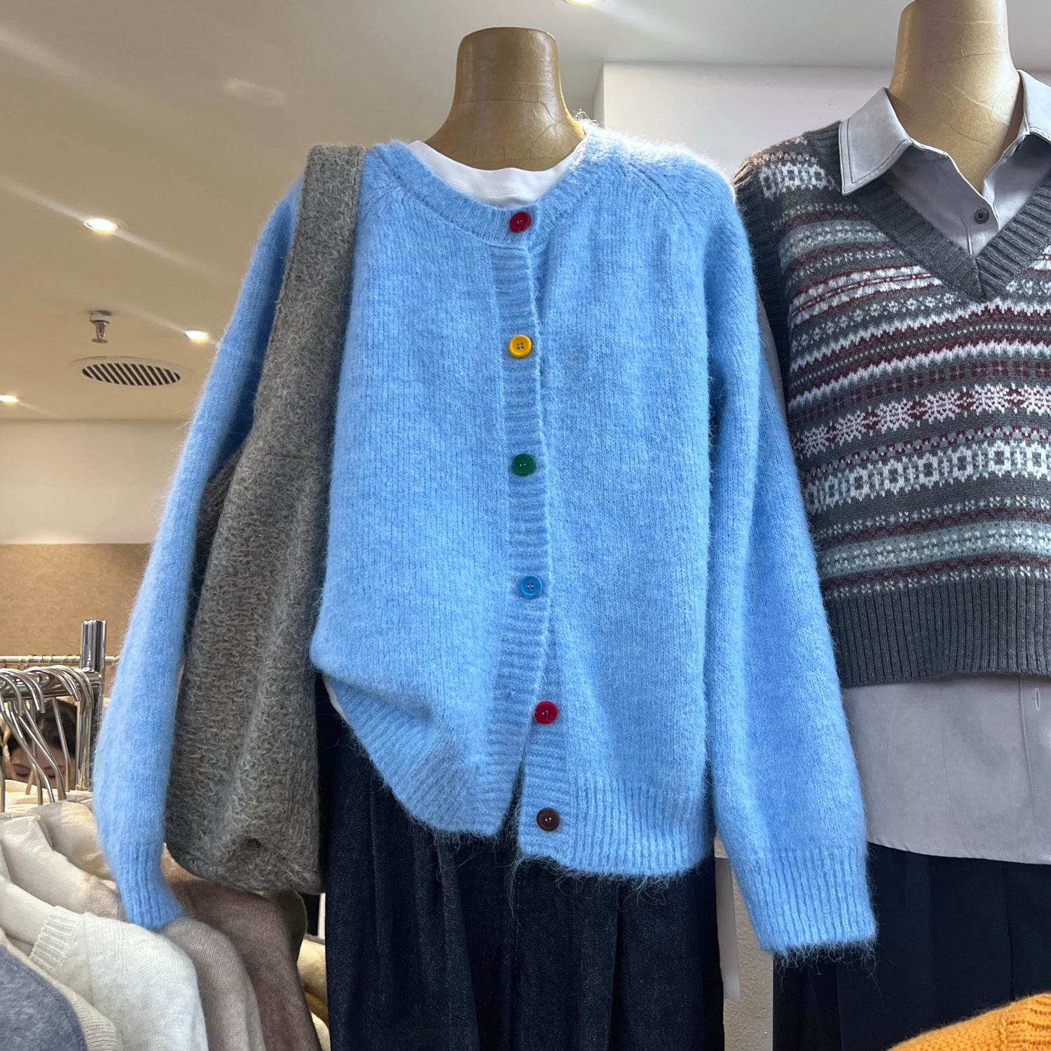 Sky Blue Fuzzy Knit Cardigan Sweater  Oversized Soft Cotton Rainbow Button Cardigan