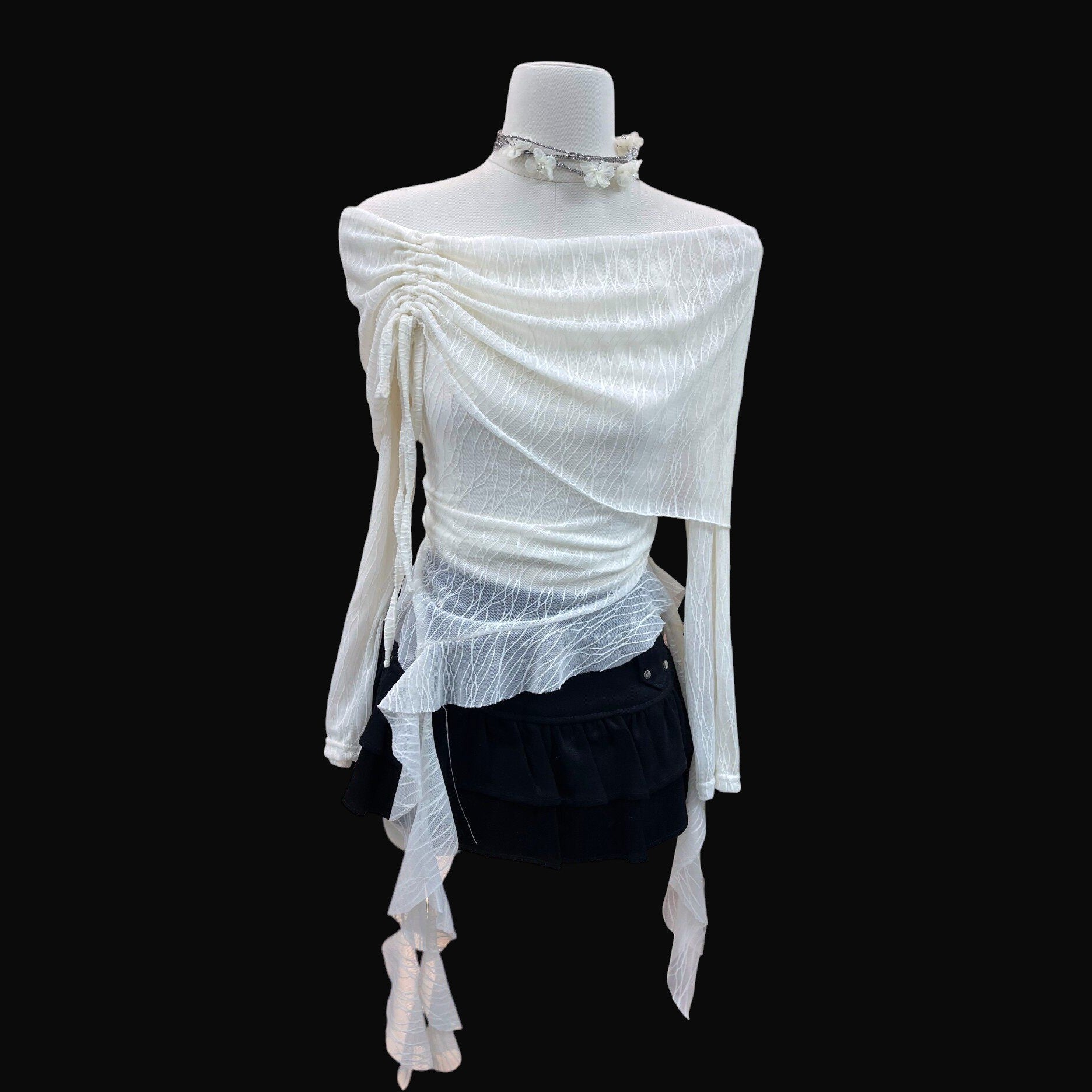 Asymmetrical White Mesh Blouse Ruched Off Shoulder Fairycore Top