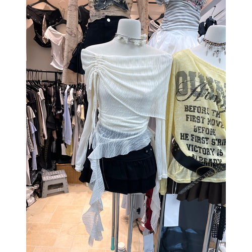 Women's white asymmetrical sheer mesh top with ruched details and off shoulder neckline
