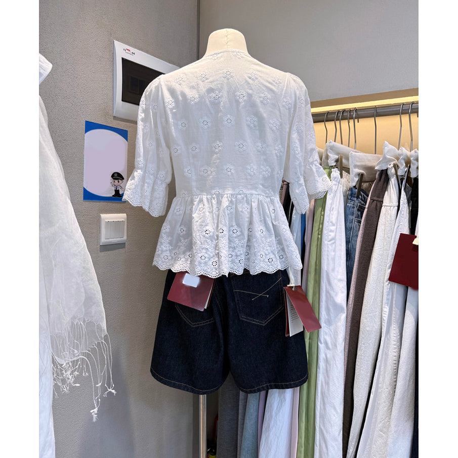 White Eyelet Embroidered V-Neck Peplum Blouse