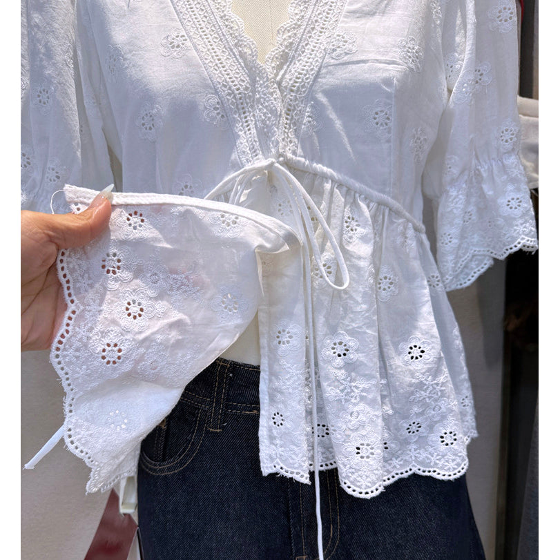 White Eyelet Embroidered V-Neck Peplum Blouse