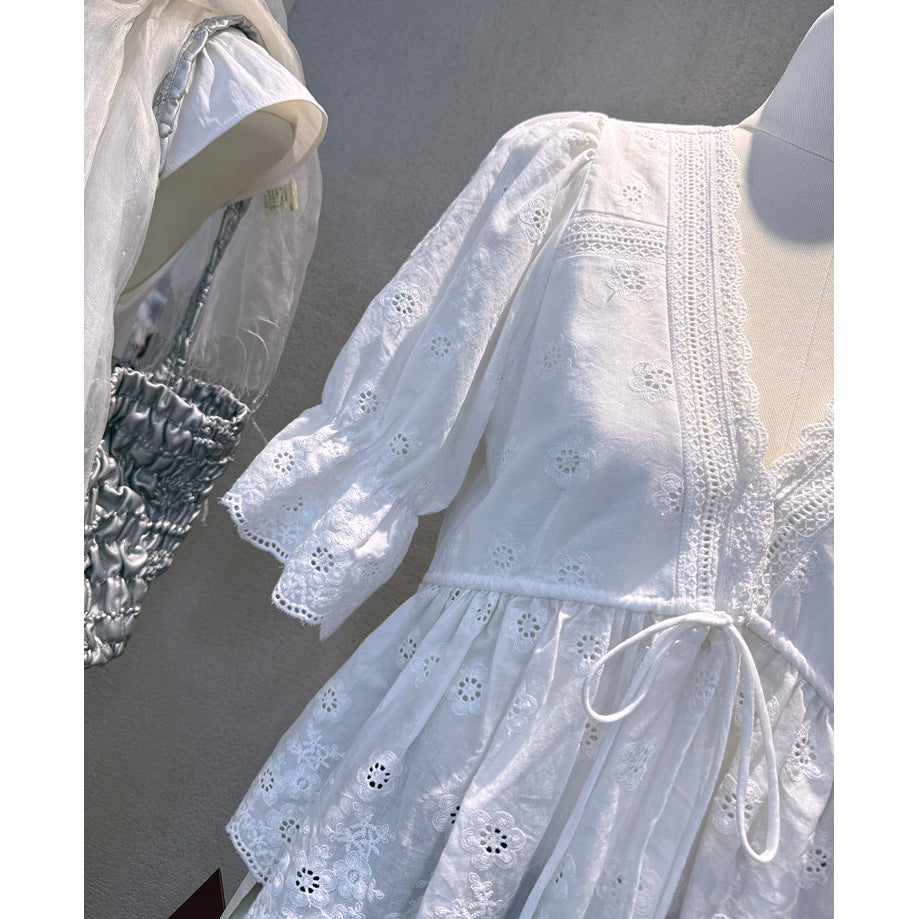 White Eyelet Embroidered V-Neck Peplum Blouse