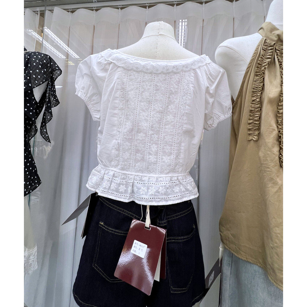 White Eyelet Embroidered Tie Front Puff Sleeve Peplum Blouse