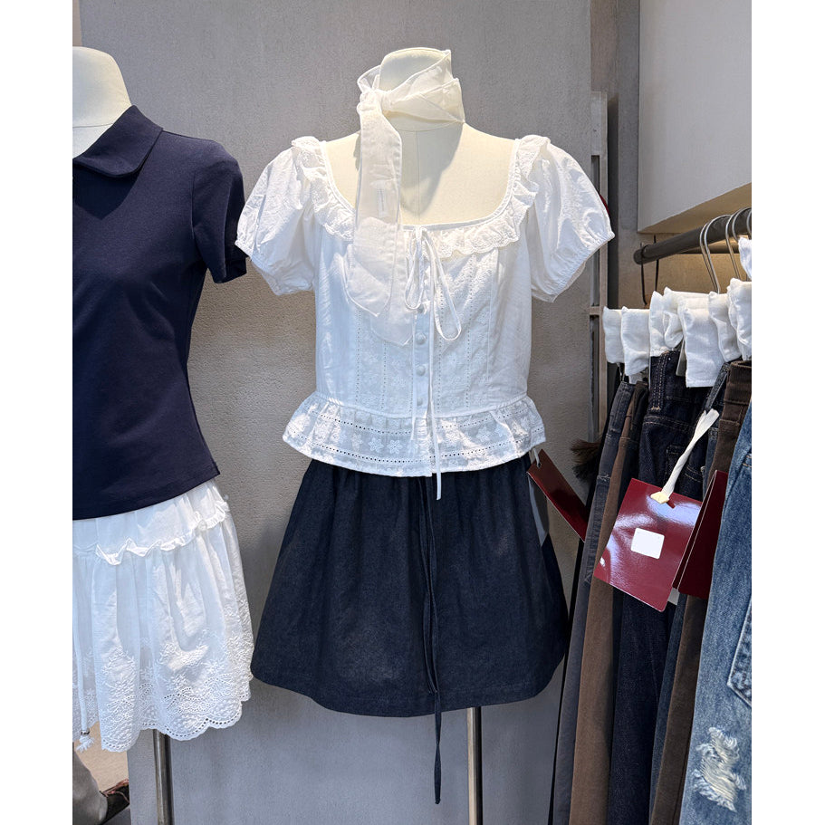 Women's white eyelet embroidered tie front puff sleeve peplum blouse