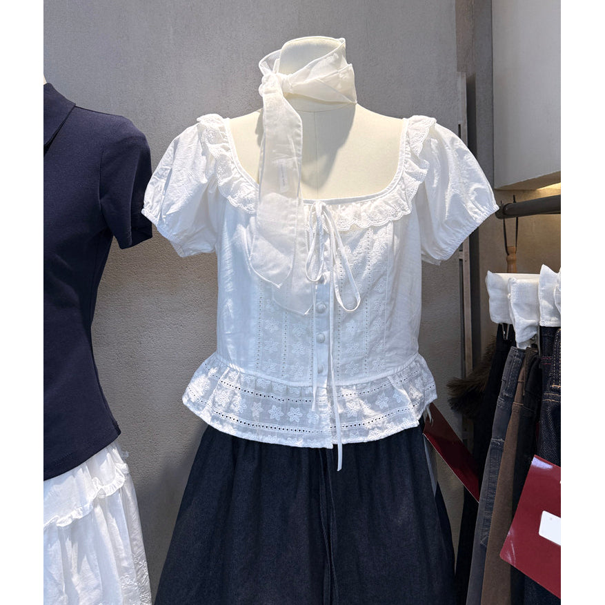 Women's white eyelet embroidered tie front puff sleeve peplum blouse