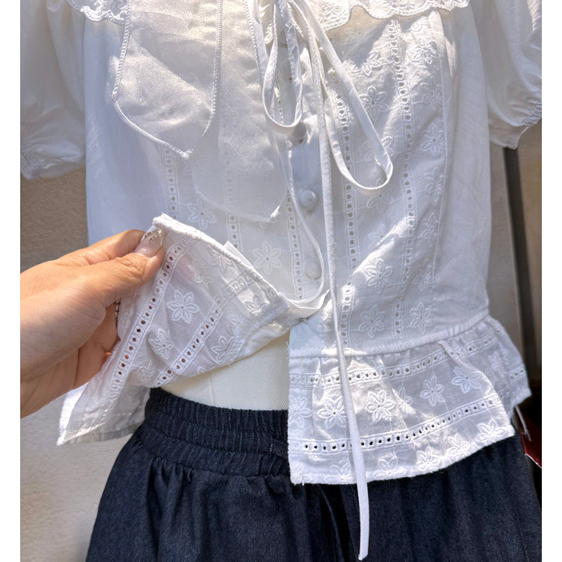 White Eyelet Embroidered Tie Front Puff Sleeve Peplum Blouse
