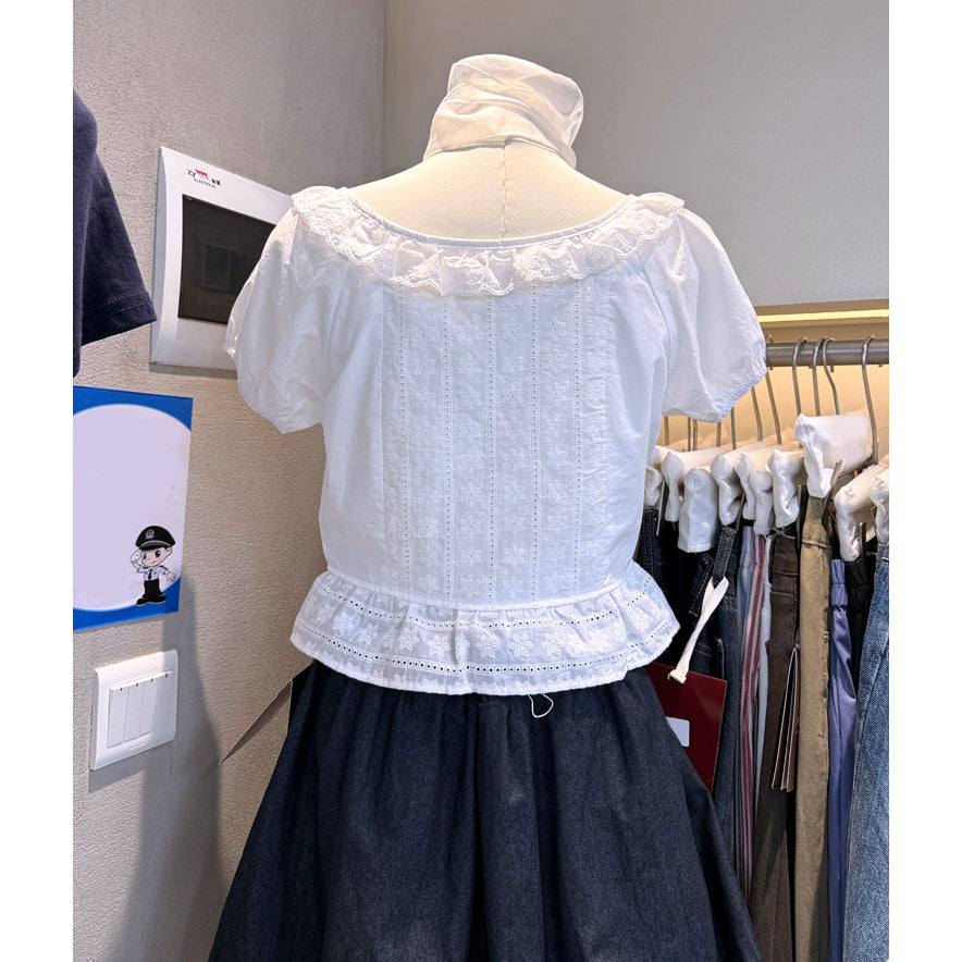 White Eyelet Embroidered Tie Front Puff Sleeve Peplum Blouse
