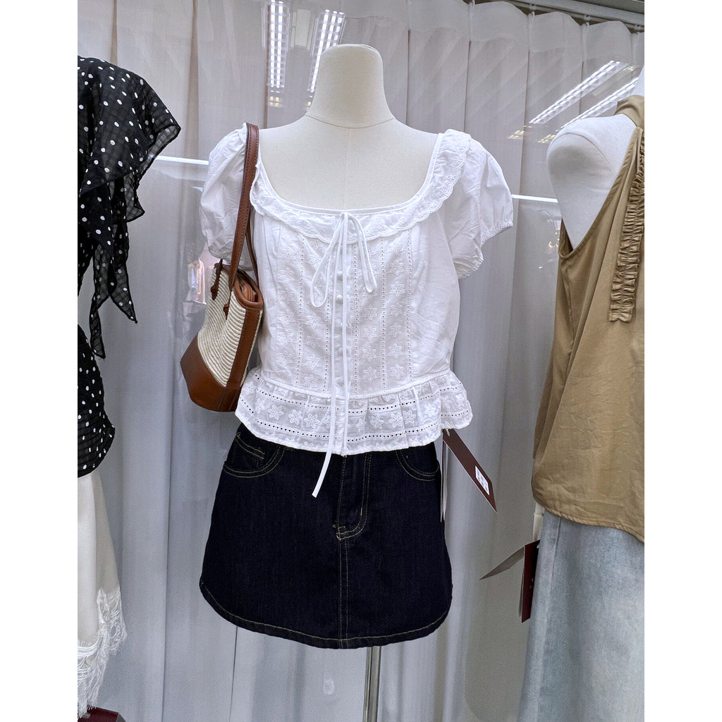 Women's white eyelet embroidered tie front puff sleeve peplum blouse