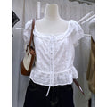 Women's white eyelet embroidered tie front puff sleeve peplum blouse