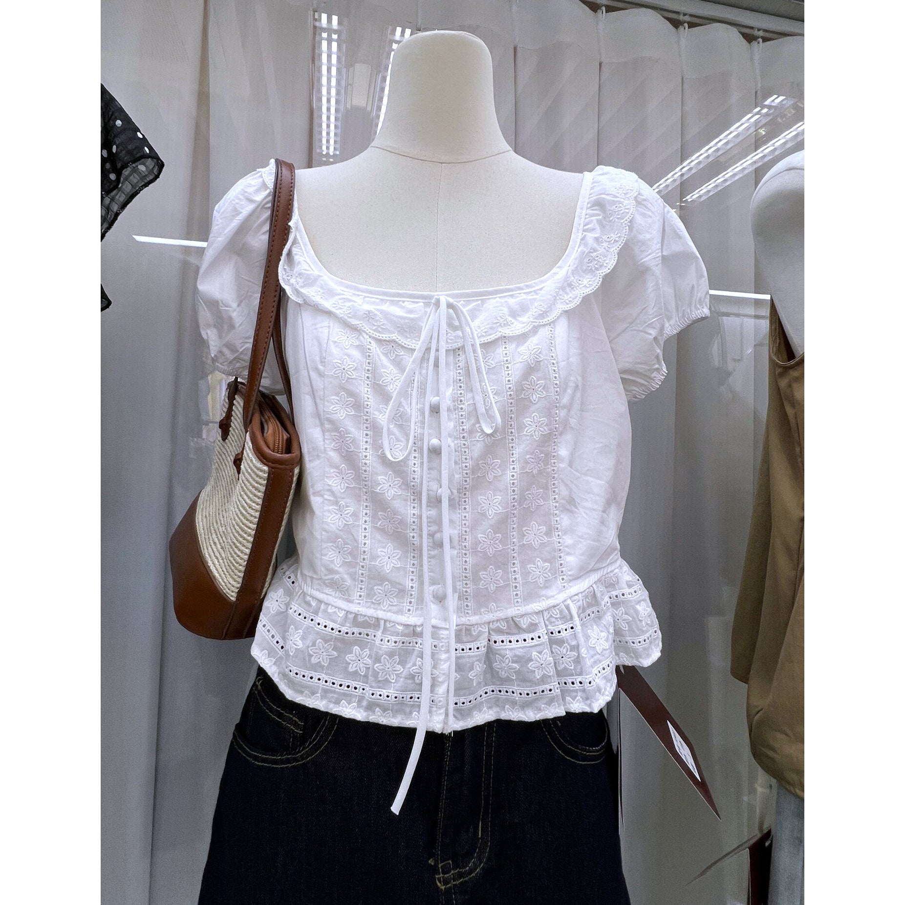 Women's white eyelet embroidered tie front puff sleeve peplum blouse