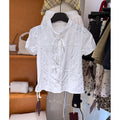 Women's white lace trim tie neck puff sleeve button front blouse