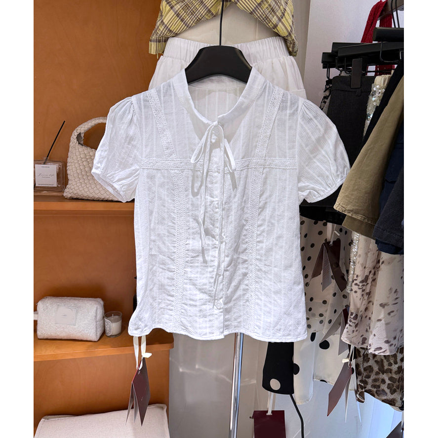 Women's white lace trim tie neck puff sleeve button front blouse