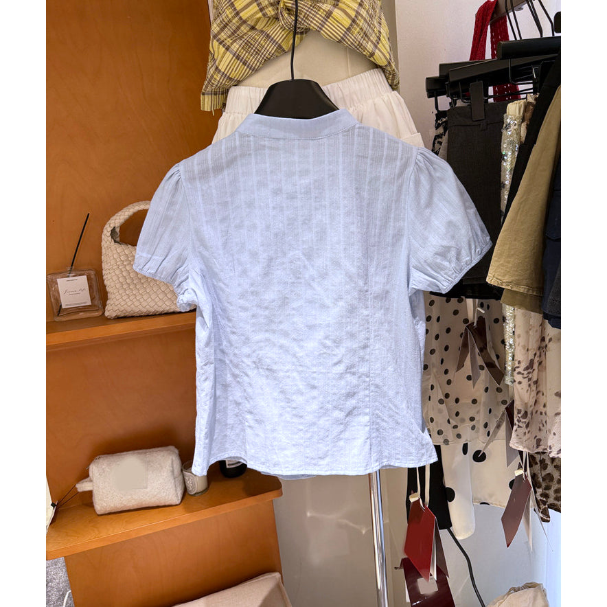 White Lace Trim Tie Neck Puff Sleeve Blouse Button Front Cottagecore Top