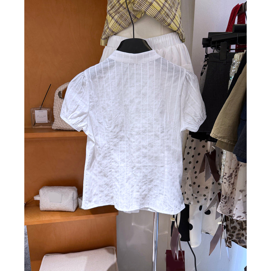 White Lace Trim Tie Neck Puff Sleeve Blouse Button Front Cottagecore Top
