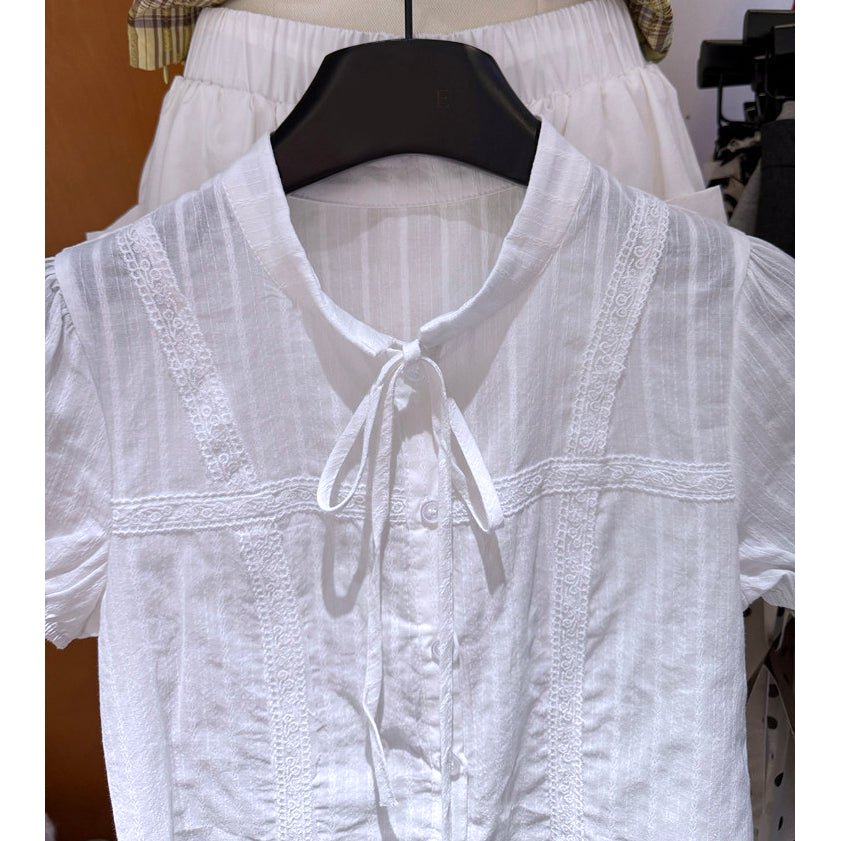 White Lace Trim Tie Neck Puff Sleeve Blouse Button Front Cottagecore Top