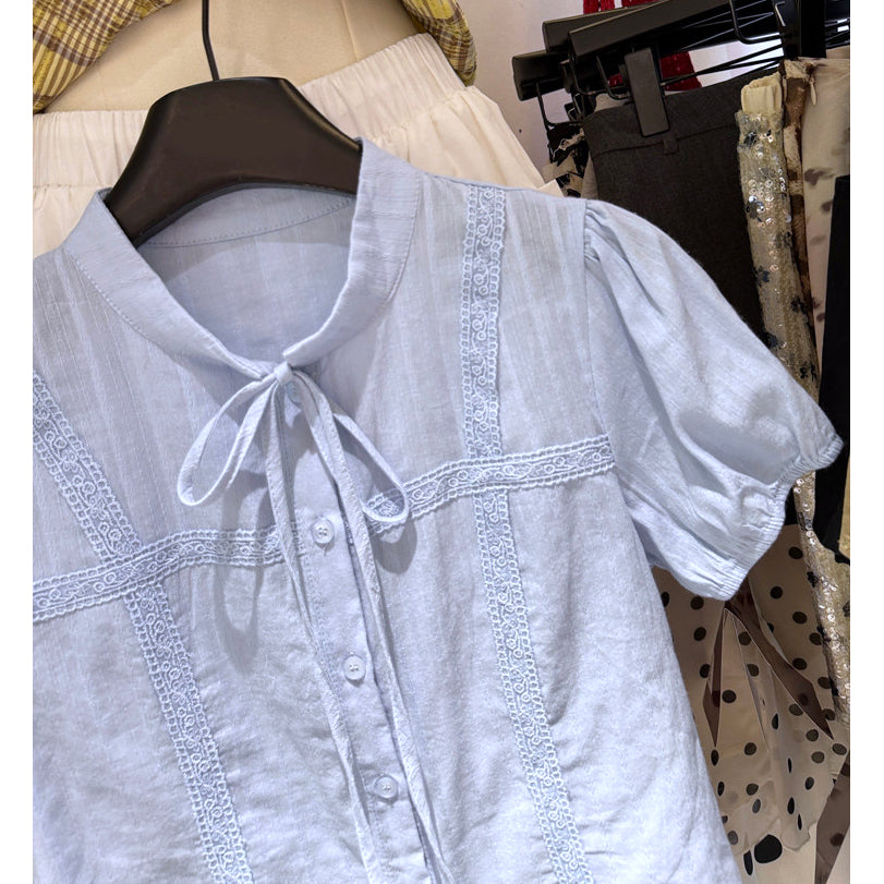 White Lace Trim Tie Neck Puff Sleeve Blouse Button Front Cottagecore Top