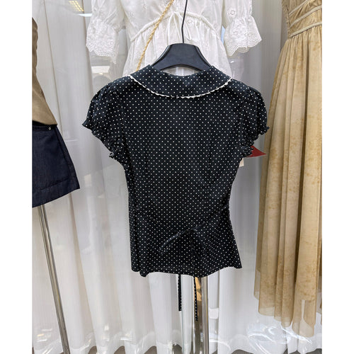 Black Polka Dot Peter Pan Collar Puff Sleeve Blouse – Tie Back Peplum Top