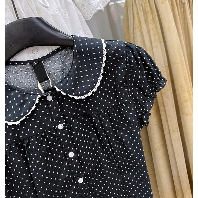 Black Polka Dot Peter Pan Collar Puff Sleeve Blouse – Tie Back Peplum Top