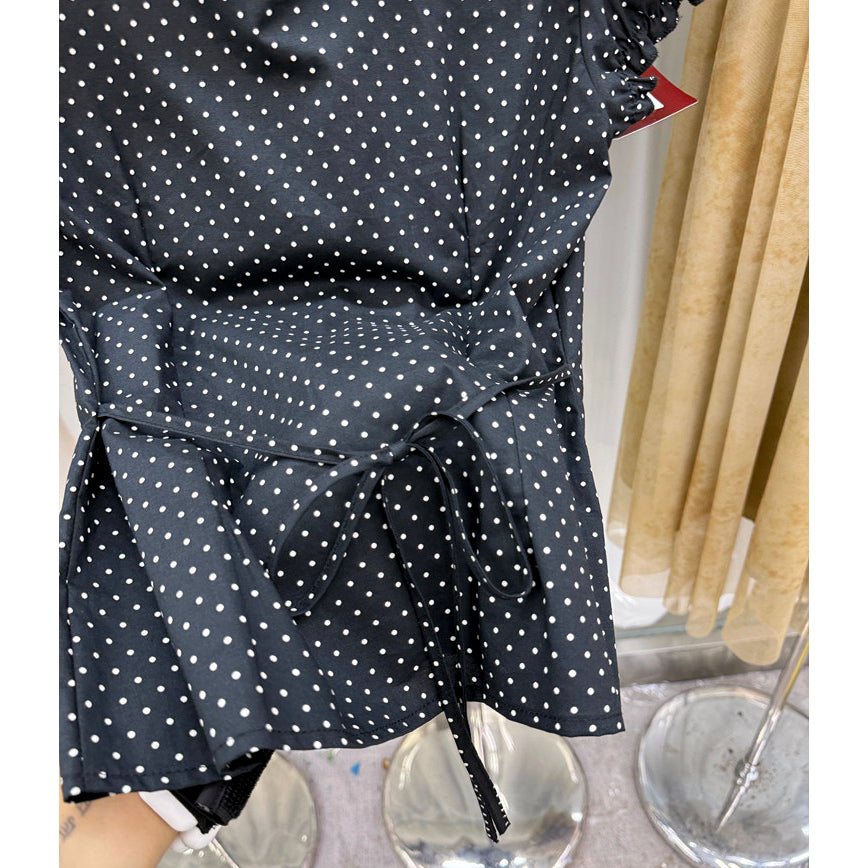 Black Polka Dot Peter Pan Collar Puff Sleeve Blouse – Tie Back Peplum Top