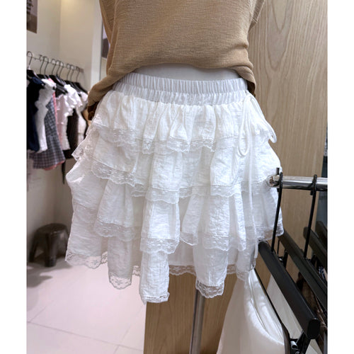 Women's lace trim tiered ruffle mini skirt with elastic waist