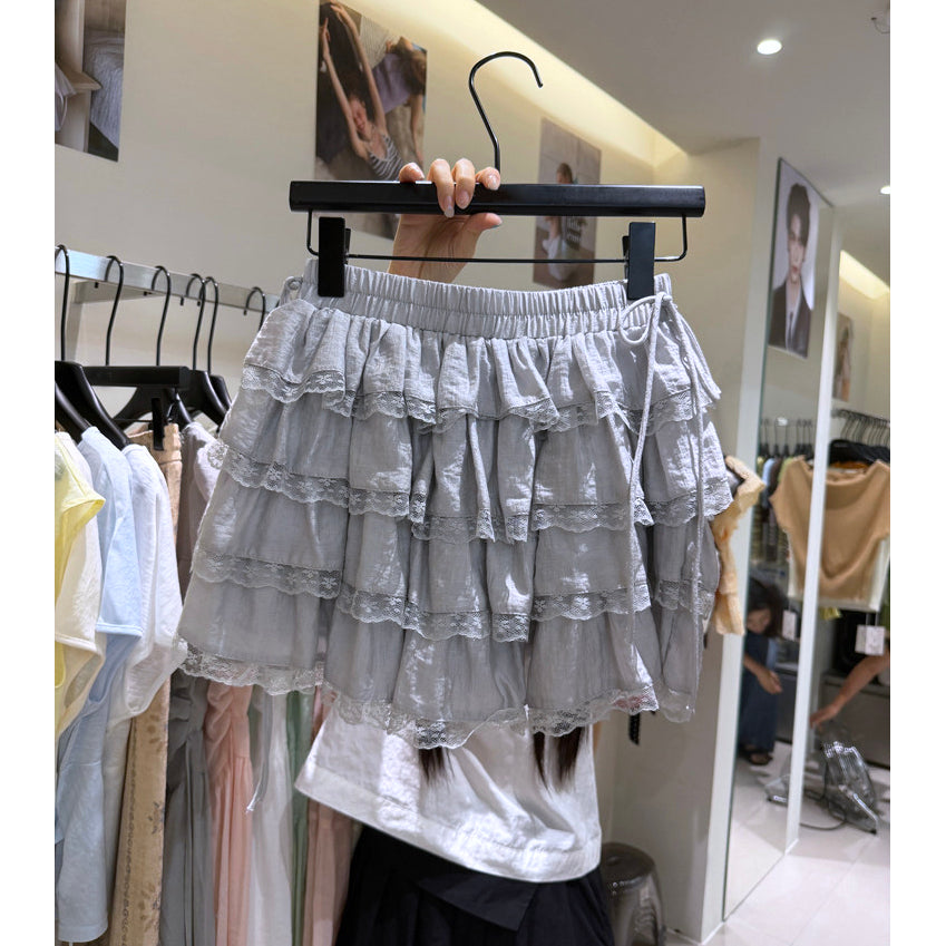 Women's lace trim tiered ruffle mini skirt with elastic waist