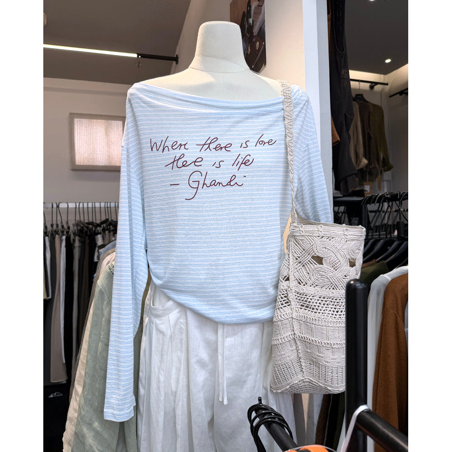 Women's light blue striped off shoulder long sleeve graphic tee