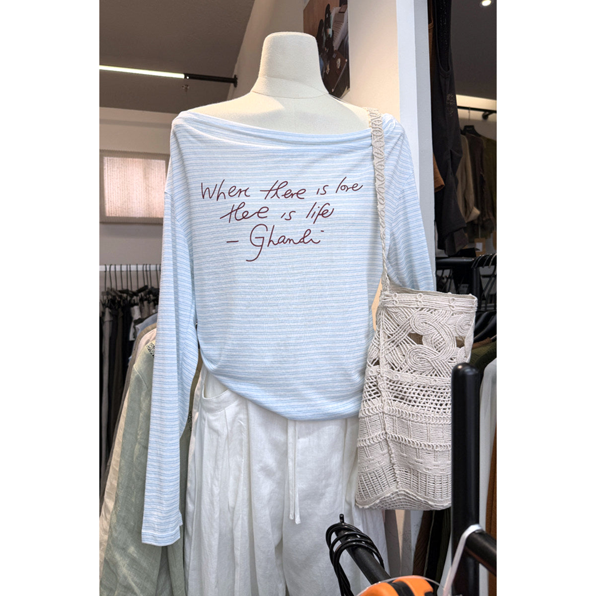 Light Blue Striped Off Shoulder Long Sleeve Graphic Tee
