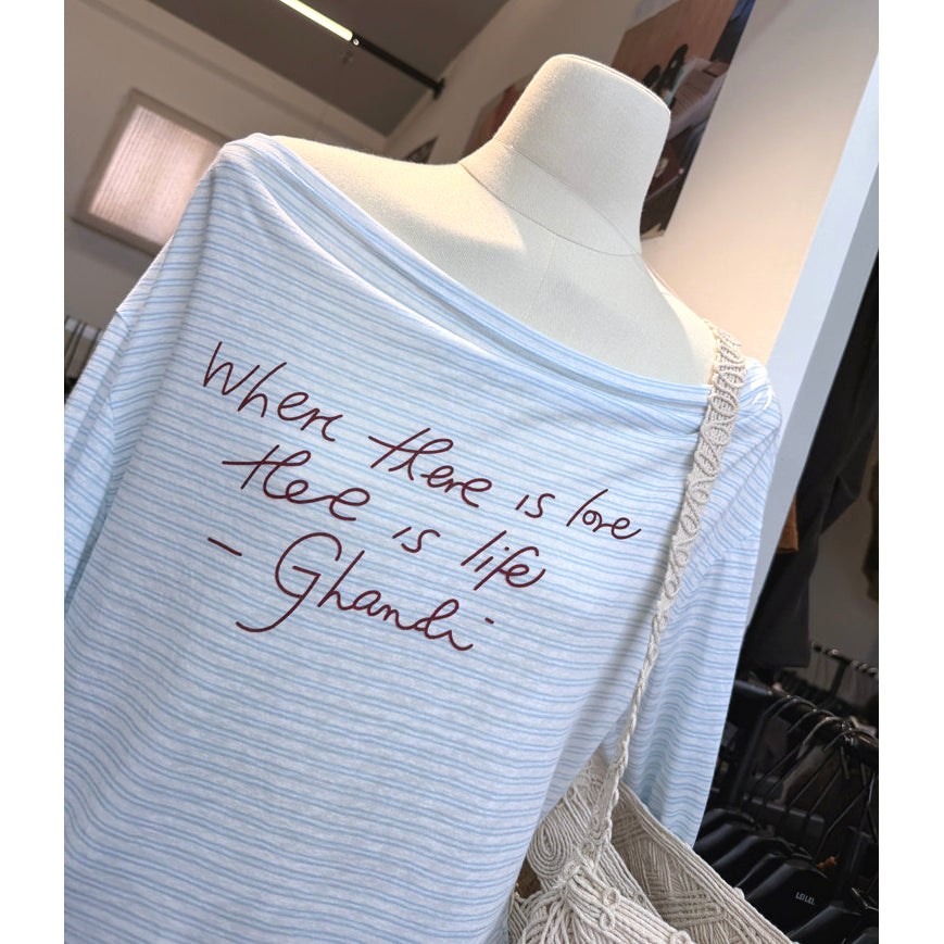 Light Blue Striped Off Shoulder Long Sleeve Graphic Tee