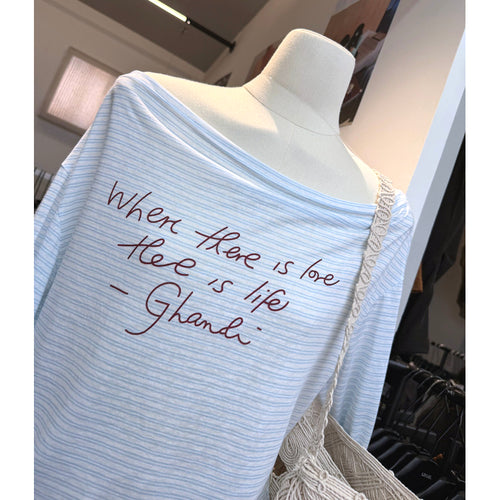 Light Blue Striped Off Shoulder Long Sleeve Graphic Tee