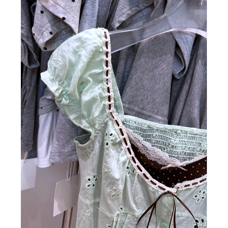 Mint Green Eyelet Embroidered Milkmaid Top Puff Sleeve Coquette Cottagecore Blouse