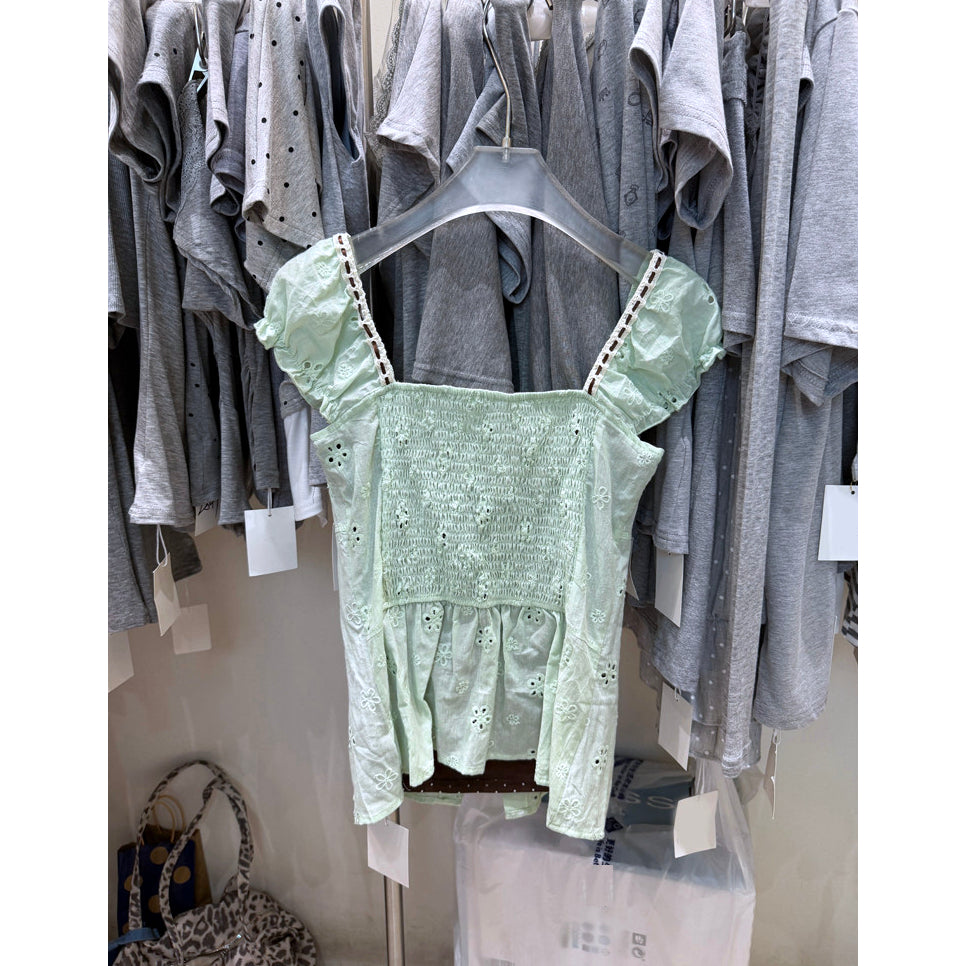 Mint Green Eyelet Embroidered Milkmaid Top Puff Sleeve Coquette Cottagecore Blouse