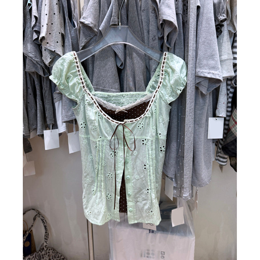 Women's mint green eyelet embroidered milkmaid top with puff sleeves and lace trim