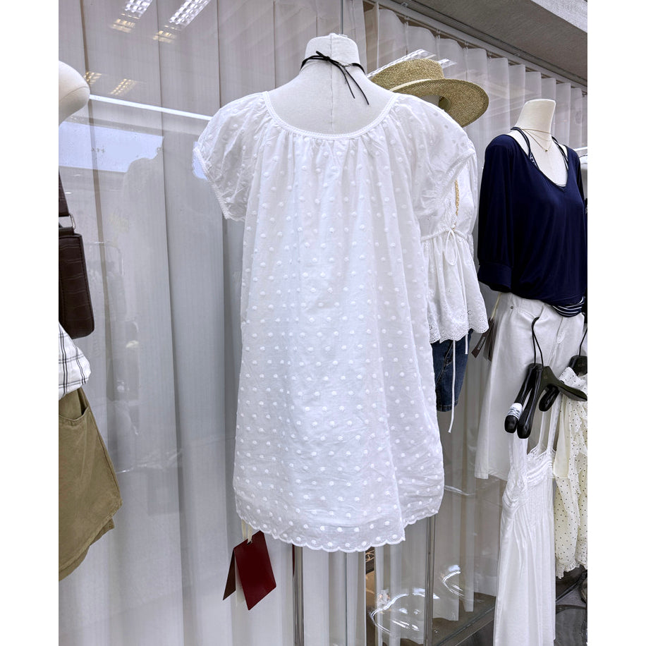 White Swiss dot puff sleeve babydoll mini dress