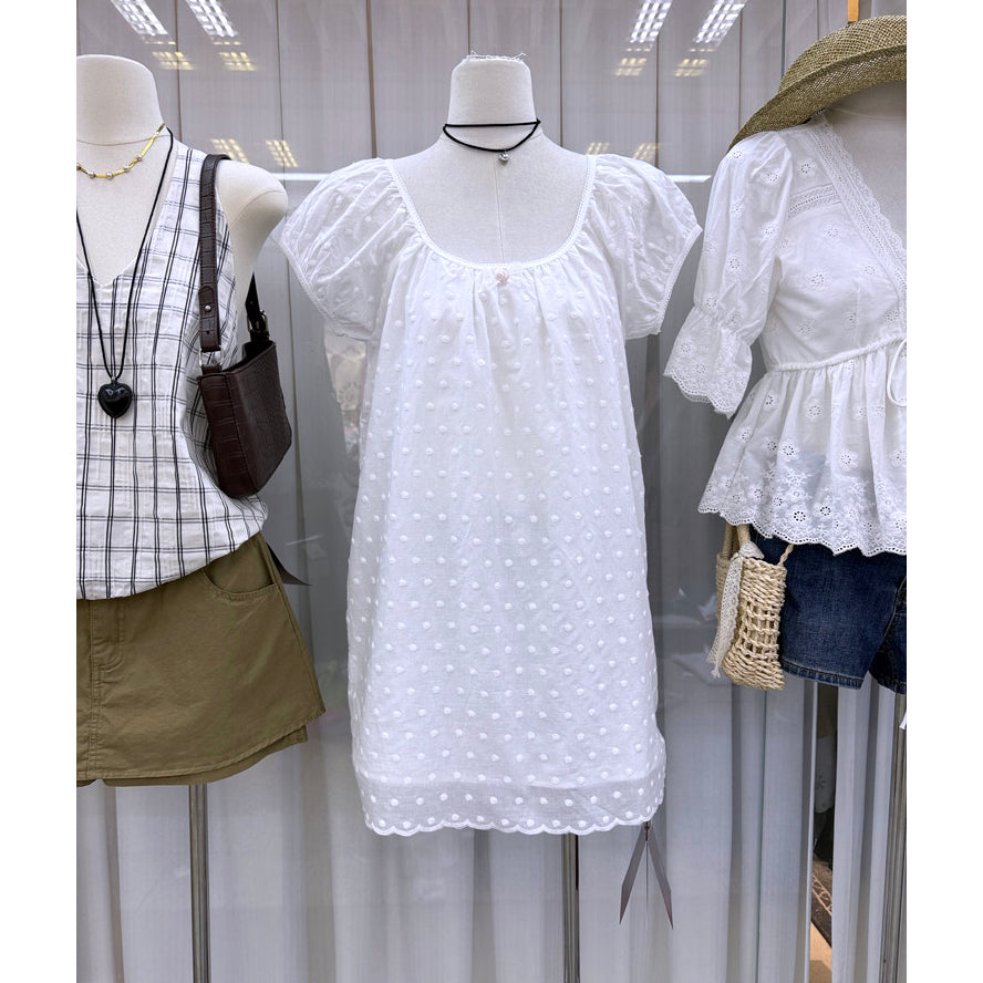 White Swiss Dot Puff Sleeve Babydoll Mini Dress, Lightweight Cotton, Relaxed Fit, Cottagecore Summer Dress for Women