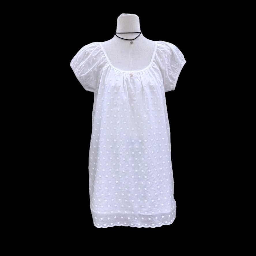 White Swiss Dot Puff Sleeve Babydoll Mini Dress, Lightweight Cotton, Relaxed Fit, Cottagecore Summer Dress for Women