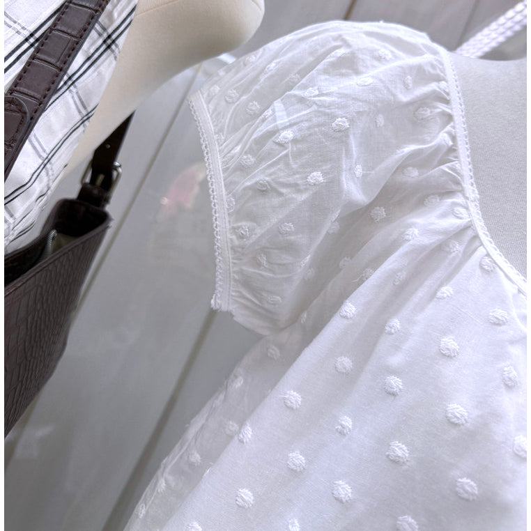 White Swiss Dot Puff Sleeve Babydoll Mini Dress