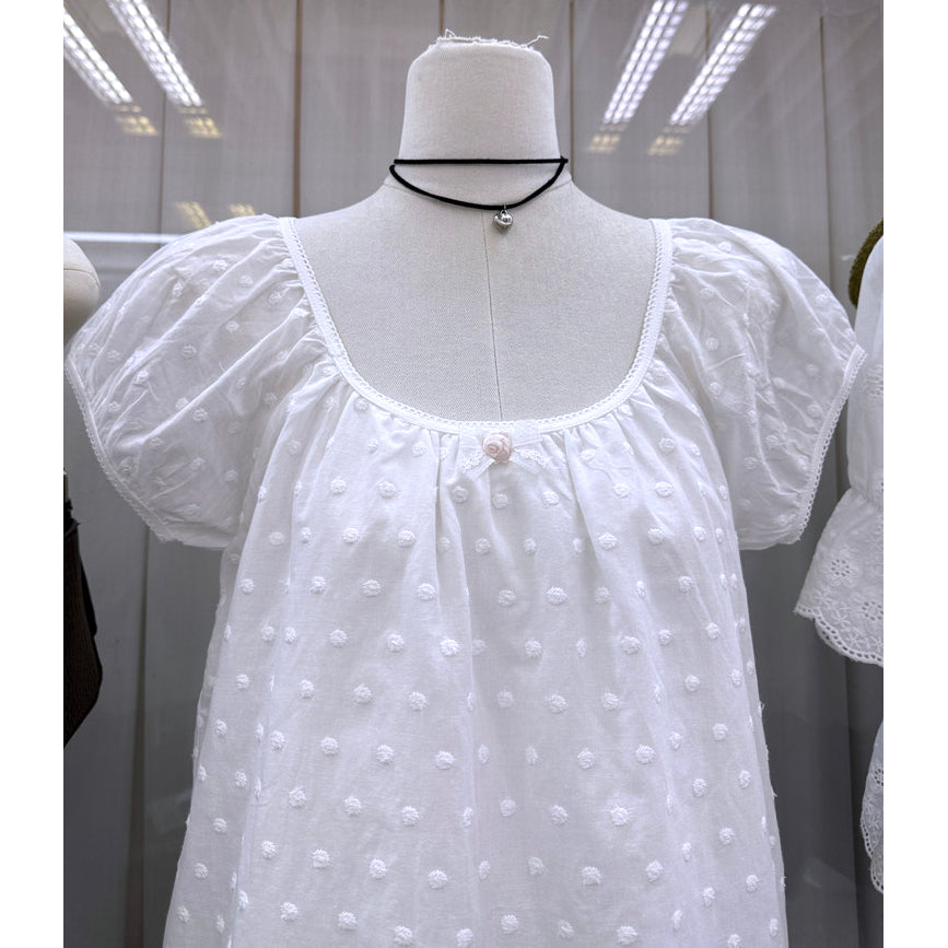 White Swiss dot puff sleeve babydoll mini dress