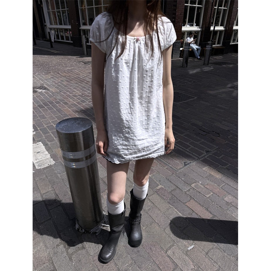 White Swiss dot puff sleeve babydoll mini dress