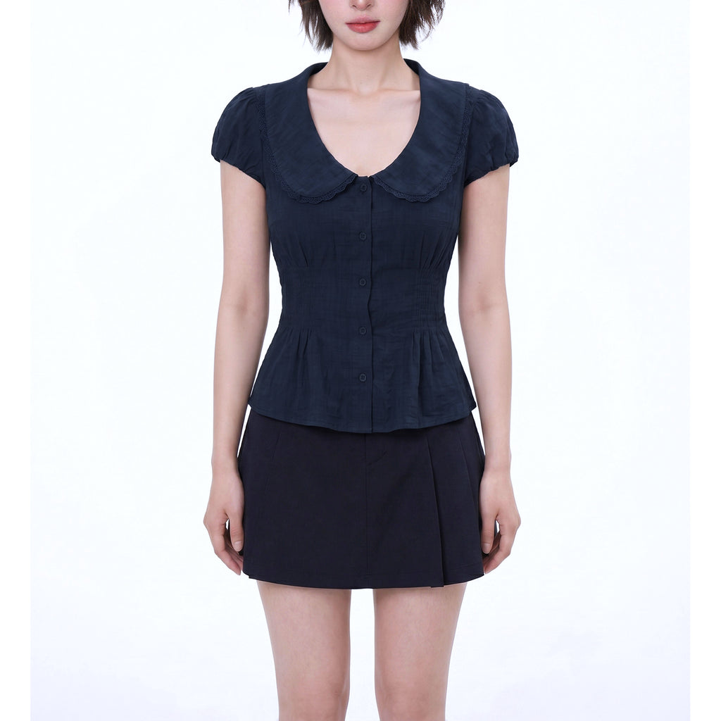 Peter Pan Collar Smocked Peplum Blouse with Puff Sleeves, Lightweight Textured Cotton Top, Cottagecore Coquette Summer Blouse for Women