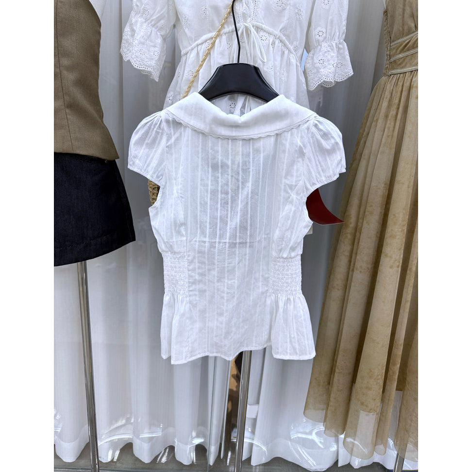 Peter Pan Collar Smocked Peplum Blouse with Puff Sleeves, Lightweight Textured Cotton Top, Cottagecore Coquette Summer Blouse for Women