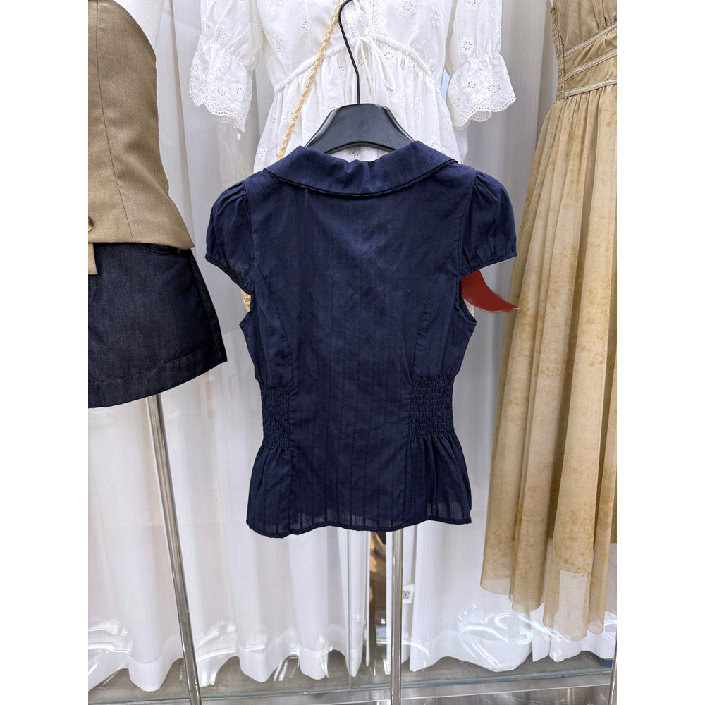 Peter Pan Collar Smocked Peplum Blouse with Puff Sleeves, Lightweight Textured Cotton Top, Cottagecore Coquette Summer Blouse for Women