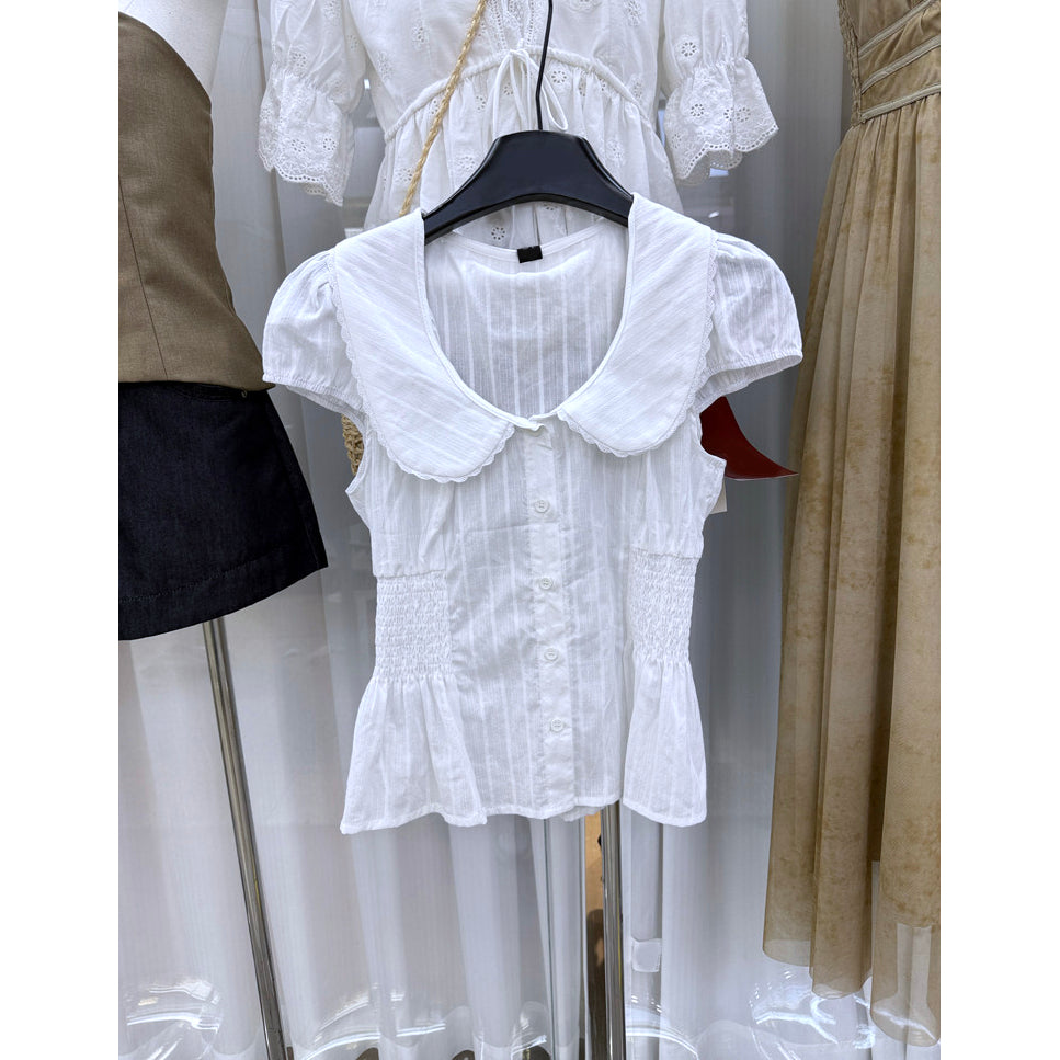 Peter Pan Collar Smocked Peplum Blouse with Puff Sleeves, Lightweight Textured Cotton Top, Cottagecore Coquette Summer Blouse for Women